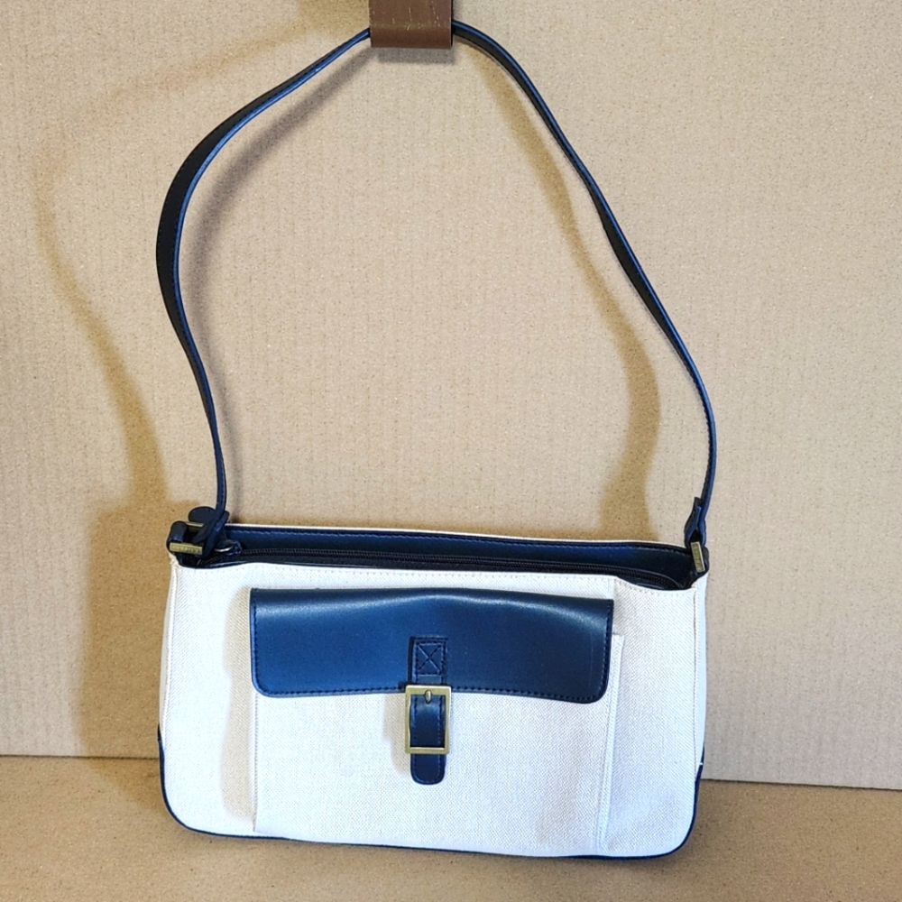 Etienne Aigner Tan/ Navy Faux Leather Accent Canvas Bag